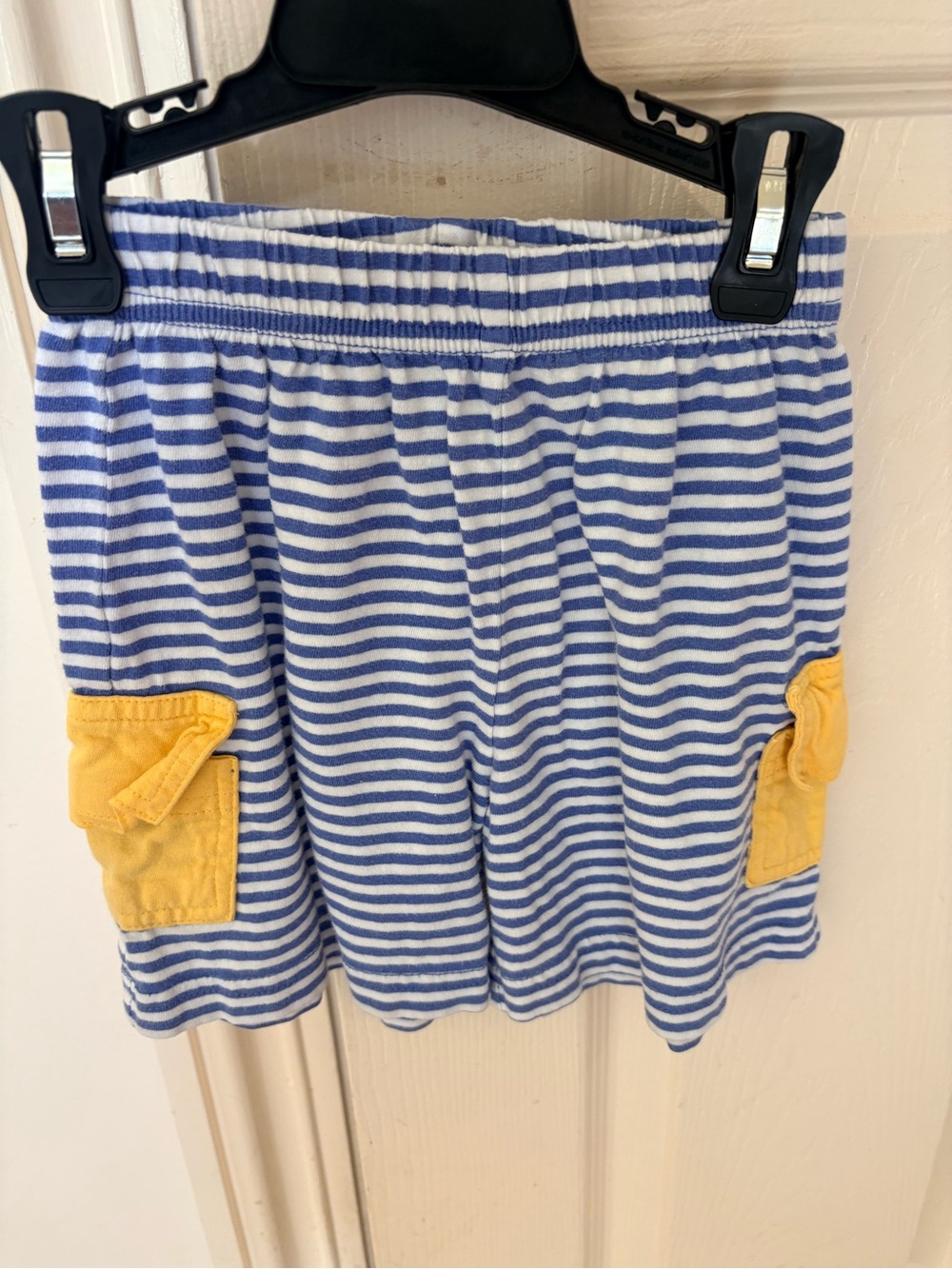 Blue & White Striped Kids Shorts with Yellow Pocket Accents